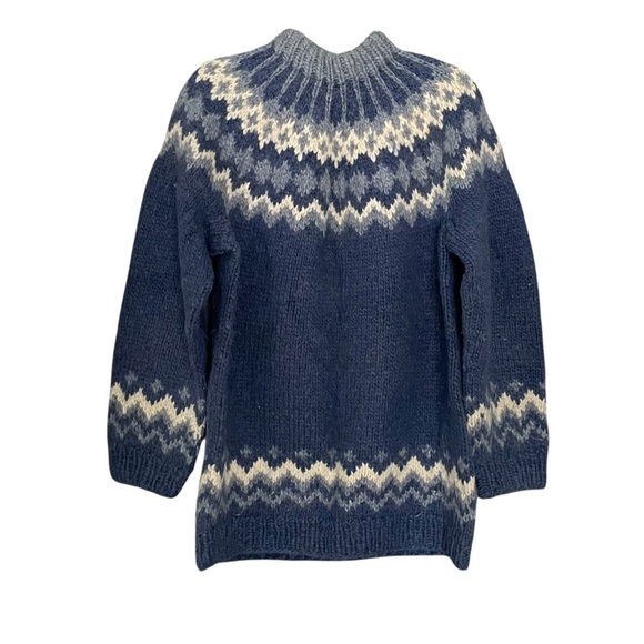 HAND KNIT Wool Chunky Knit Fair Isle Nordic Sweater Blue White XL - Picture 3 of 4